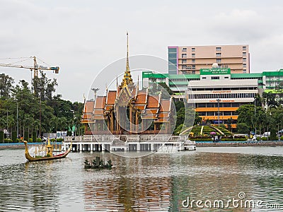 Thai style pavilion in the center of water pond at Ramkhamhaeng University. Editorial Stock Photo